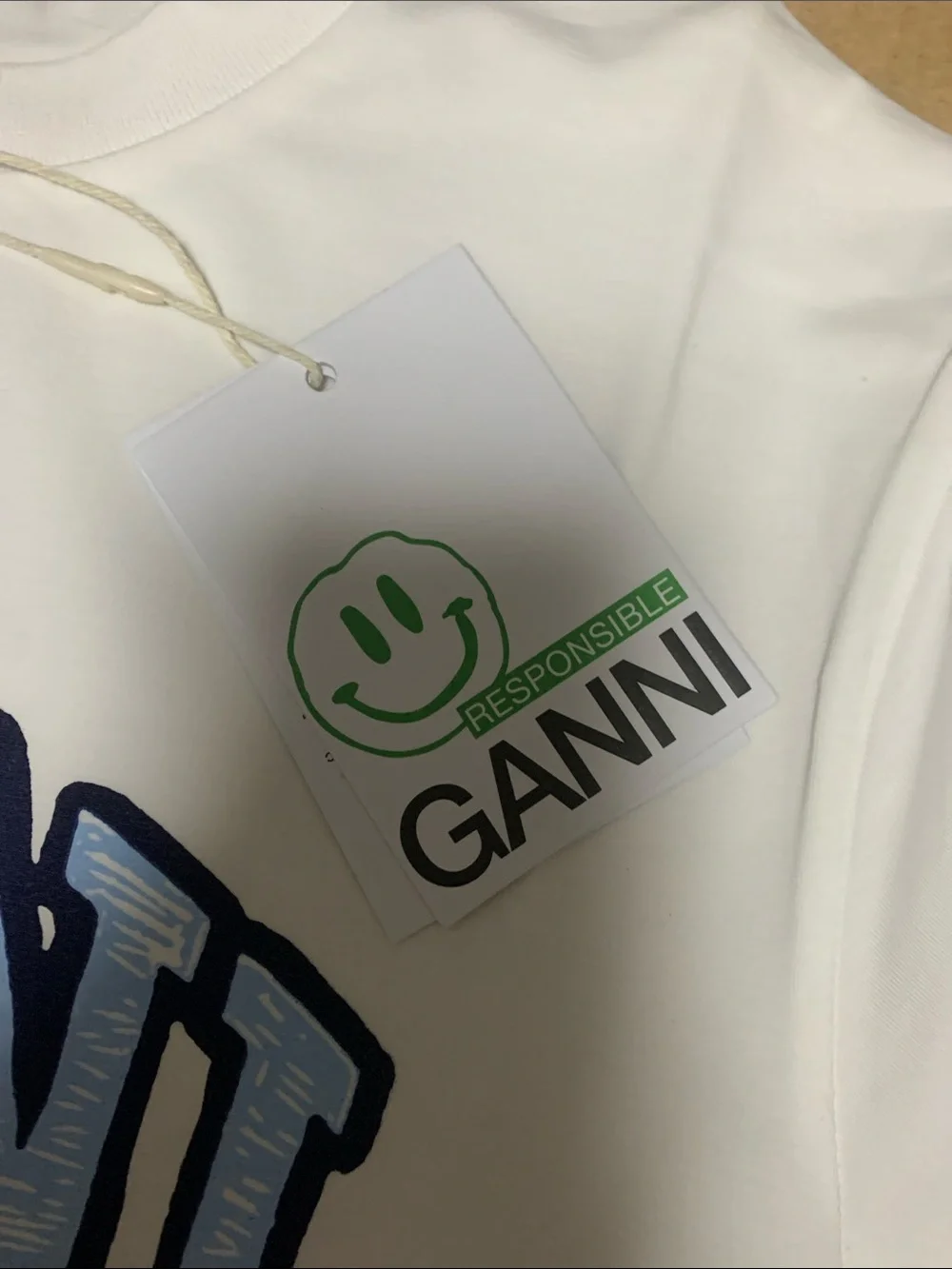 Ganni White Tee with Blue Logo & Beige Shell Graphic - Picture 4 of 5